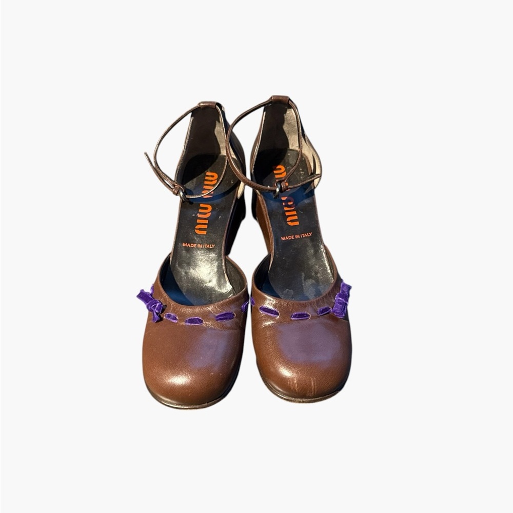 Miu Miu Brown Leather Ankle-Strap Pumps with Purple Ribbon Detail